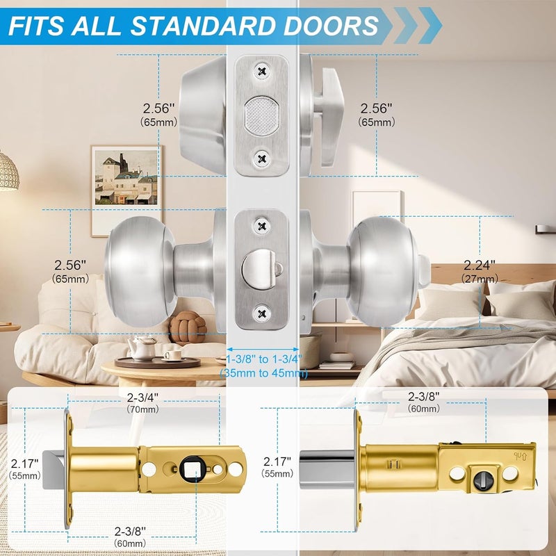Plustool 4 Pack Exterior Door Lock Set, Satin Nickel Door Knob and Deadbolt Combo Set, Keyed Alike Entry Door Knobs with Lock&Keys, Round Ball Door Locksets with Deadbolt for Entrance and Front Door - Image 3